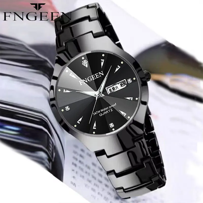 FNGEEN Couple Watch Men Quartz Watch for Lovers Luxury Womens Wristwatch Stainless Steel Waterproof Double Calendar Clock 5808