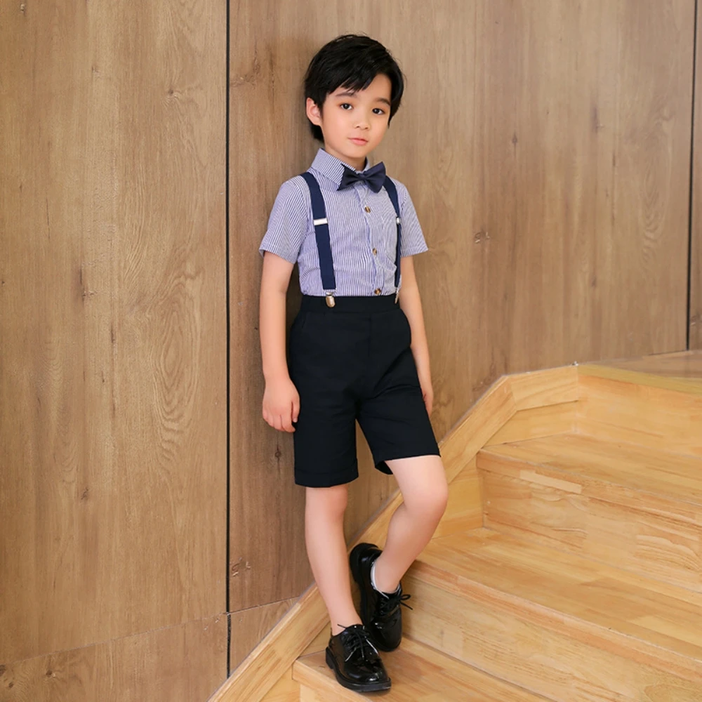 حار بيع الاطفال وزرة مجموعات 4 قطع مخطط قميص بذلة ربطة القوس فيونكة حلقة حامل الزي مريحة الأولاد ملابس حفلة عيد ميلاد