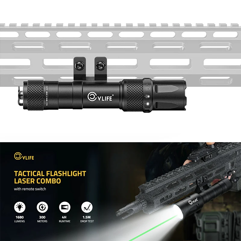 

CVLIFE Rifle Tactical Flashlight Green Laser Beam LED Light Combo 1680 Lumens Rechargeable Compatible with M-Rail for Hunting