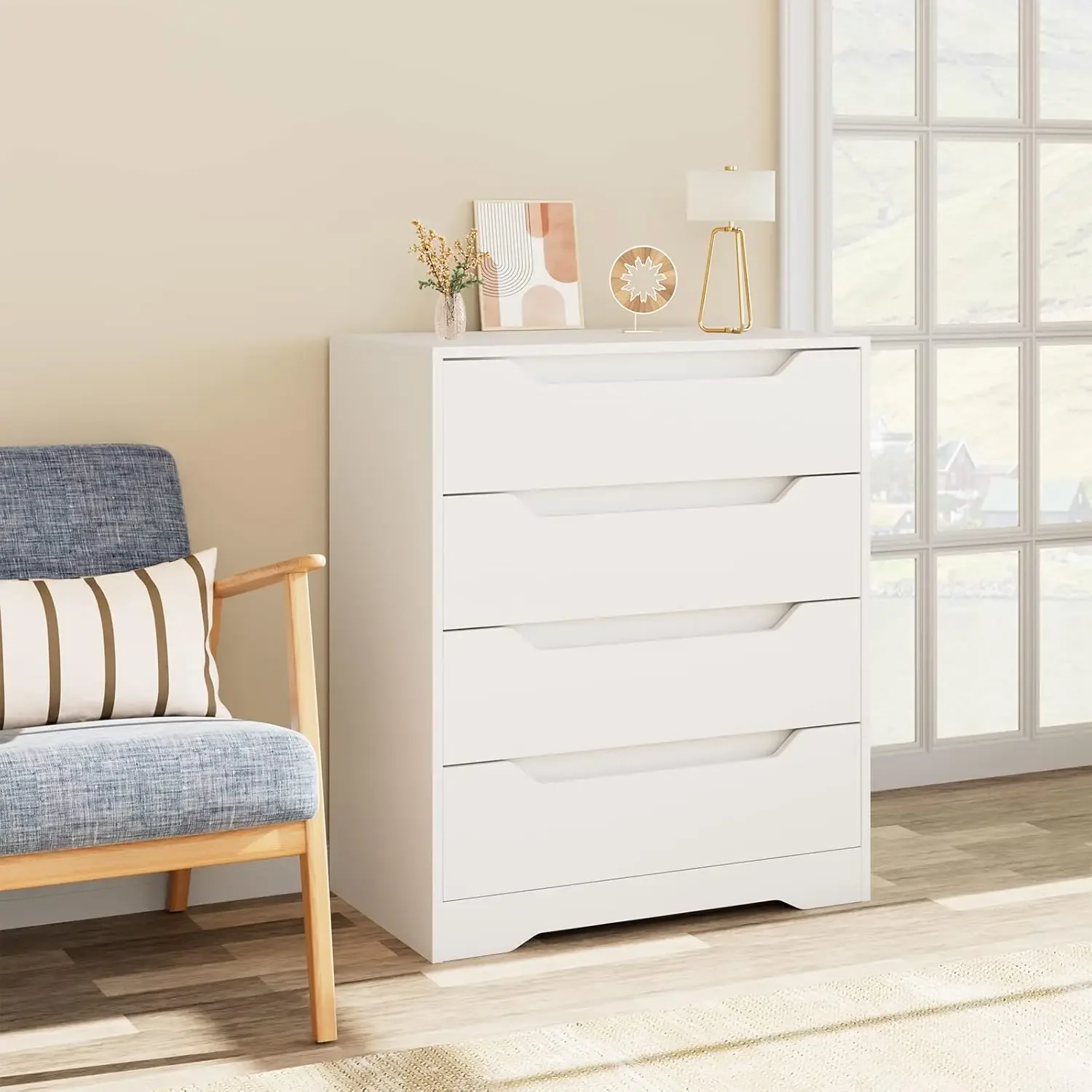 Dresser with Cut-Out Handles, Accent Storage Cabinet for Living Room, Entryway, Hallway, White