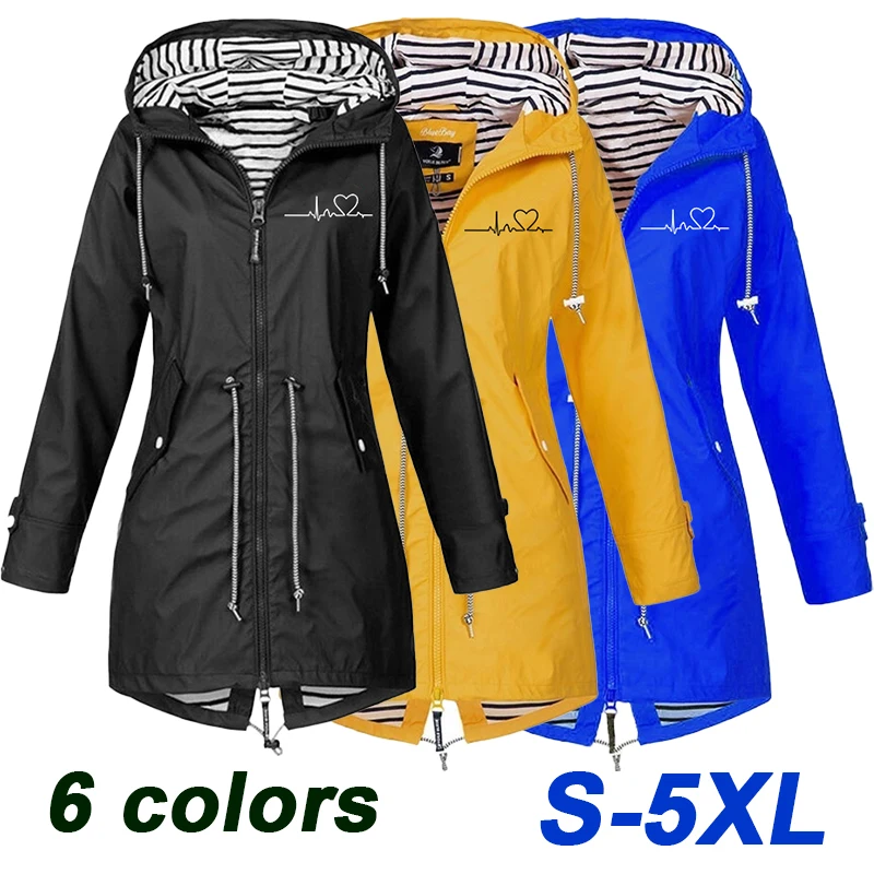 

Long casual women's raincoat Long sleeved waterproof printed zippered jacket New fashion Long sleeved hooded windbreaker