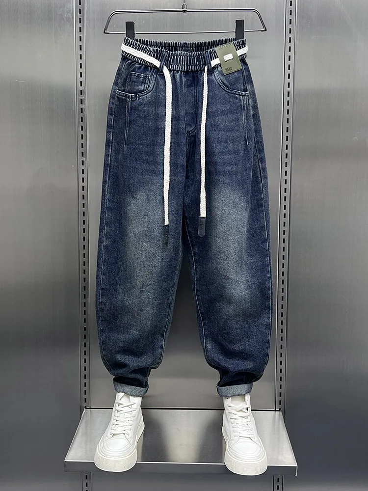 

Мужские джинсы Deep Blue с эластичным поясом, модные свободные прямые брюки-харланы с эластичным шнурком, осенняя новинка, повседневные, из хлопка