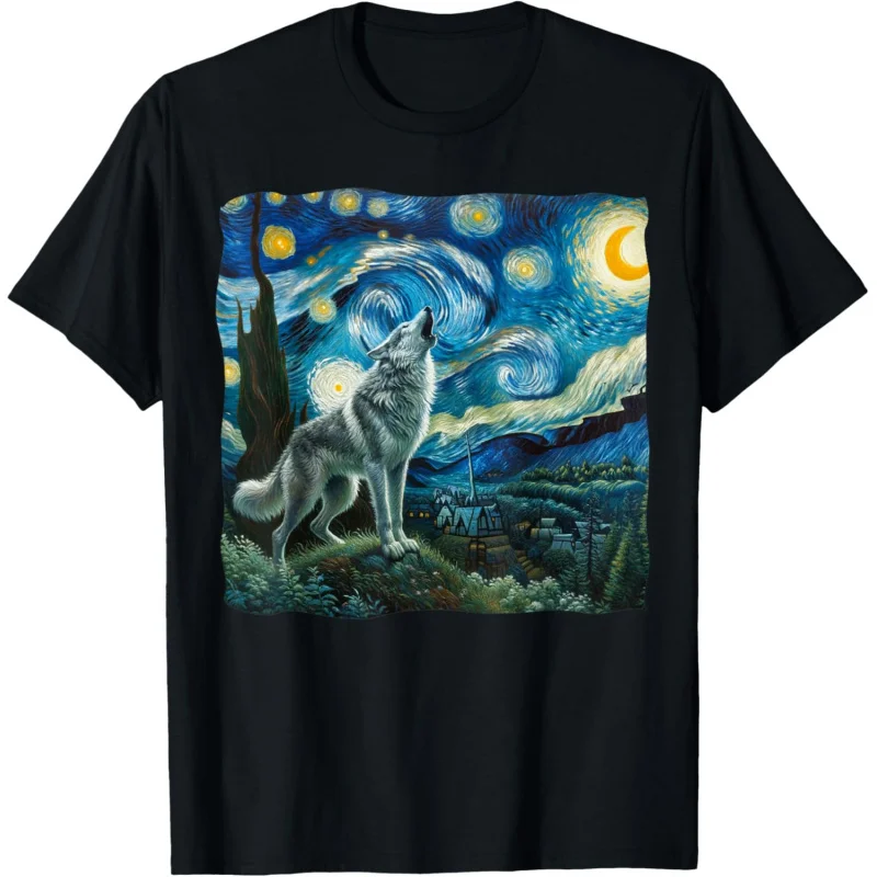 Wolf Starry Night Howling Moon Funny Top Men and Women T-shirt