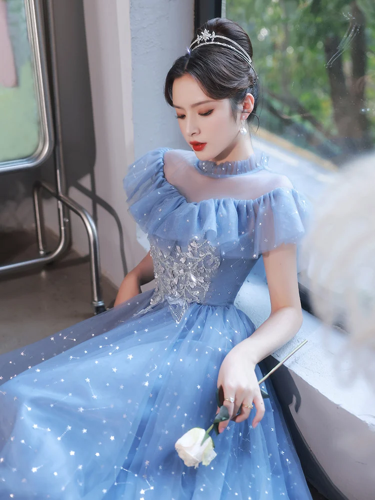 

Sweetheart Neck Evening Dress Elegant Blue Illusion Off The Shoulder High Quality Appliquéd Starry Tulle A-line Graduation Gown