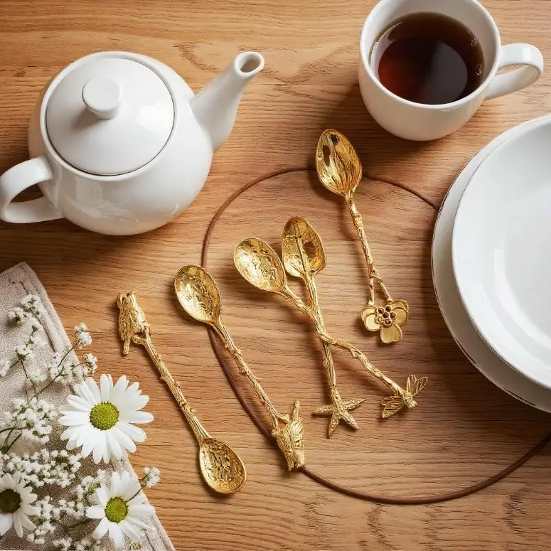 Retro Metal Coffee Spoon Dragonfly Branches Leaves Shape Ice Cream Cake Dessert Milk Mixing Spoon Kitchen Gadgets Tableware