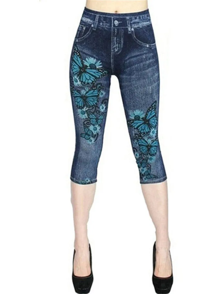 LJCUIYAO-pantalones de mezclilla de imitación para mujer, pantalones Capris de cintura alta, Jeggings elásticos, Casual, Fitness, flor, moda