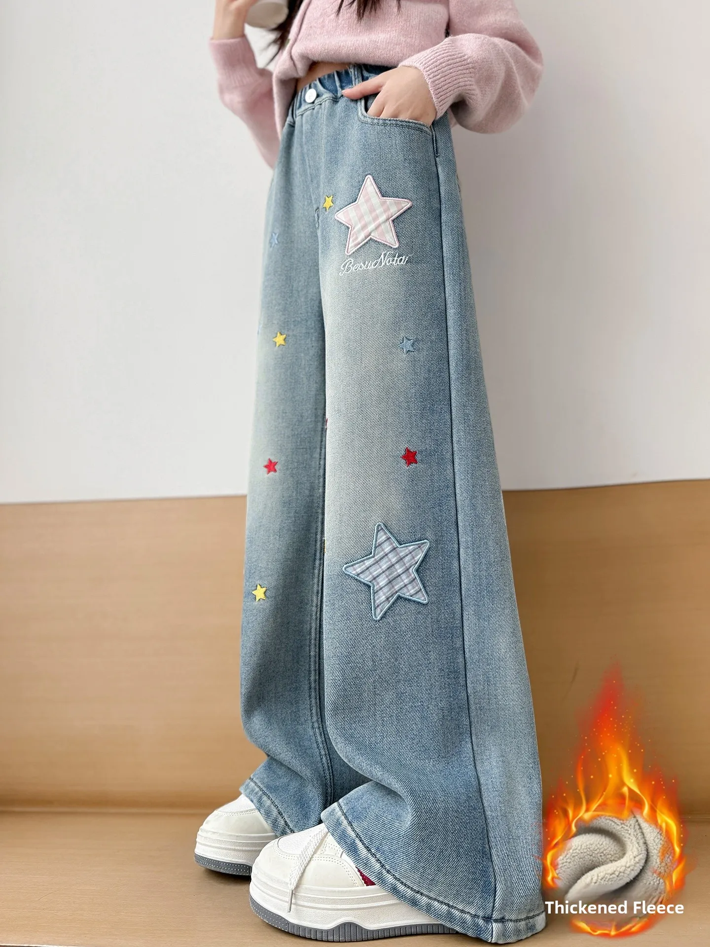 

Thickened Fleece Wide Leg Jeans for Girls Autumn Winter New Style Patchwork Star Design Korean Style Elastic Waist Denim Pants