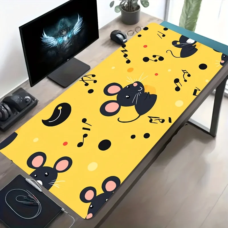 Large Mouse Musical Note Yellow Background Cute Gaming Mouse Pad Non-Slip Washable Rubber Desk Mat Office Decor Gift for Gamers