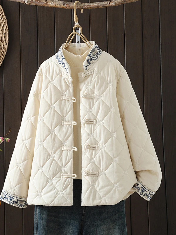 

Retro Chinese Sle Women's Cotton Jaet Embroidered Stand Collar Mid-Length Loose Fit Long Sve Autumn Winter Coat