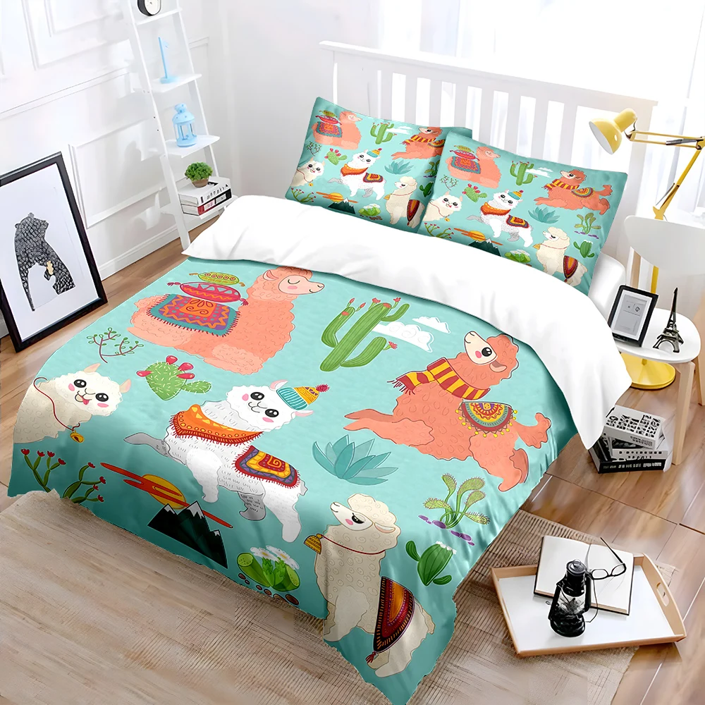 Cute Alpacas Cacti Illustration Bedding Set for Kids Luxury Gift 3pcs Digital Print Comforter Set Soft Comfortable Breathable