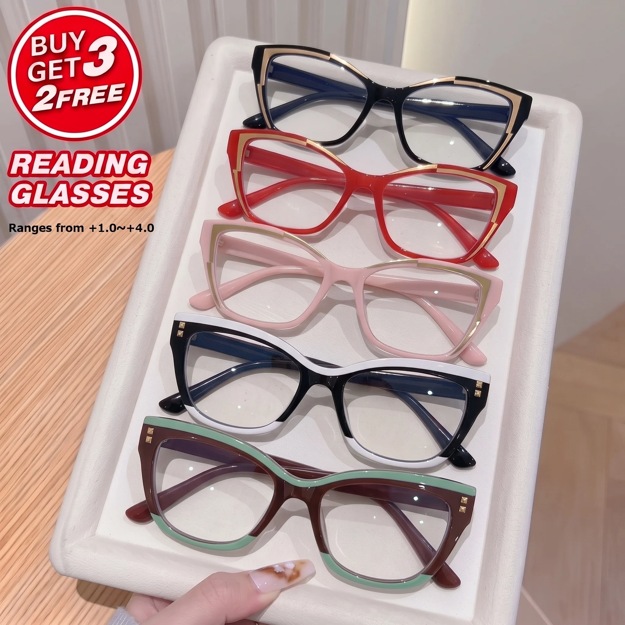 5-Pack of Fashionable Classic Square Cat-Eye High-End Spring Hinge Small Frame Trendy Style Eyeglasses for Enhancing Appearance and Reducing Age Appearance, High-Definition Reading Glasses, Lightweight and Portable, Suitable for Daily Use at Home, Office, or When Going Out, Available in Prescriptions from +1.0 to +4.0