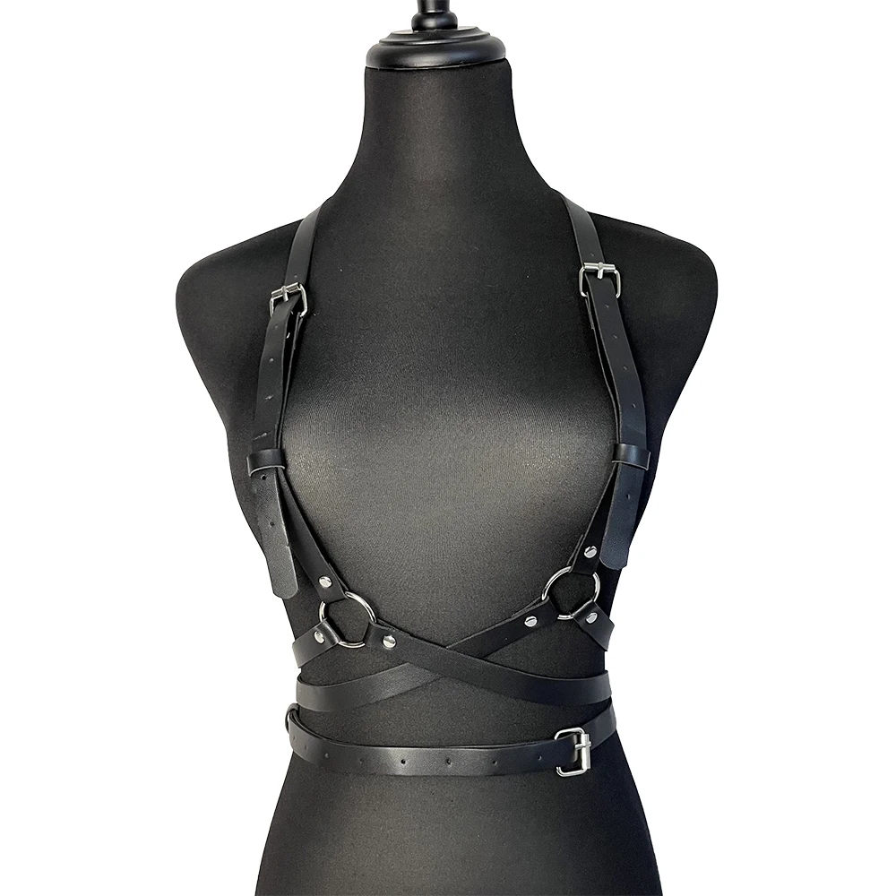 Bondage Harness Women Fetish Lingerie Bdsm Body Harness Garter Belt Pu Leather Lingerie Erotic Gothic Stockings Female Bodysuit