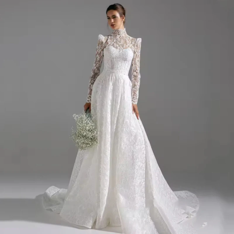 

Charming Wedding Dresses High Neck Lace Illusion Long Sleeve Buttons Sweep Train Arabian Bridal Gown Customized Robe De Mariée