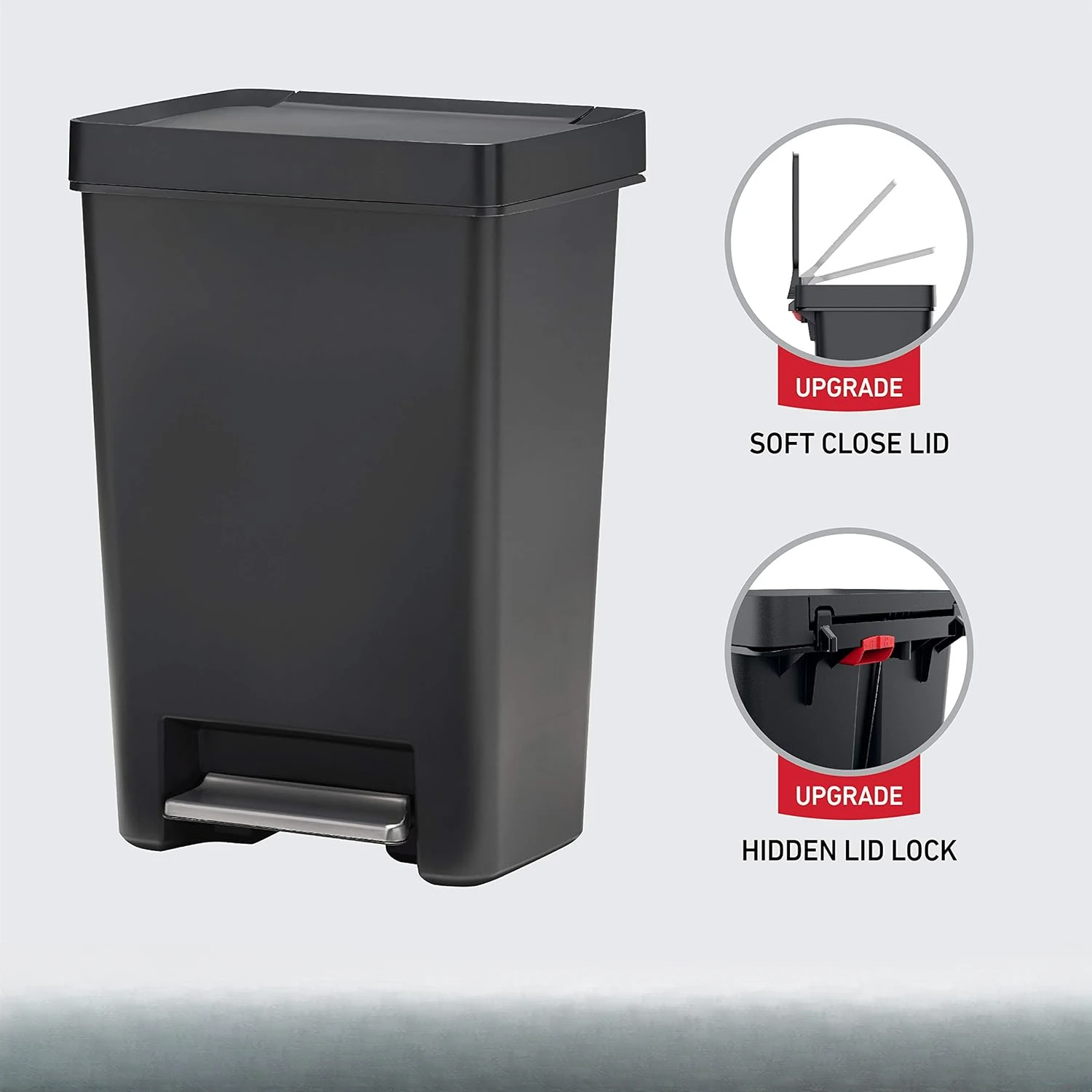 12.4G foot operated trash can with lid lock and slow closing lid, black