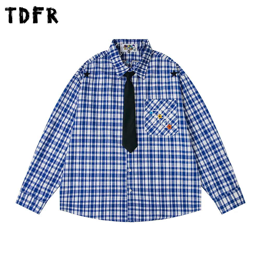 

Retro Letter Embroidery Plaid Shirts Mens Pocket Autumn Casual Lapel Long Sleeve Single Breasted Checked Shirts Man
