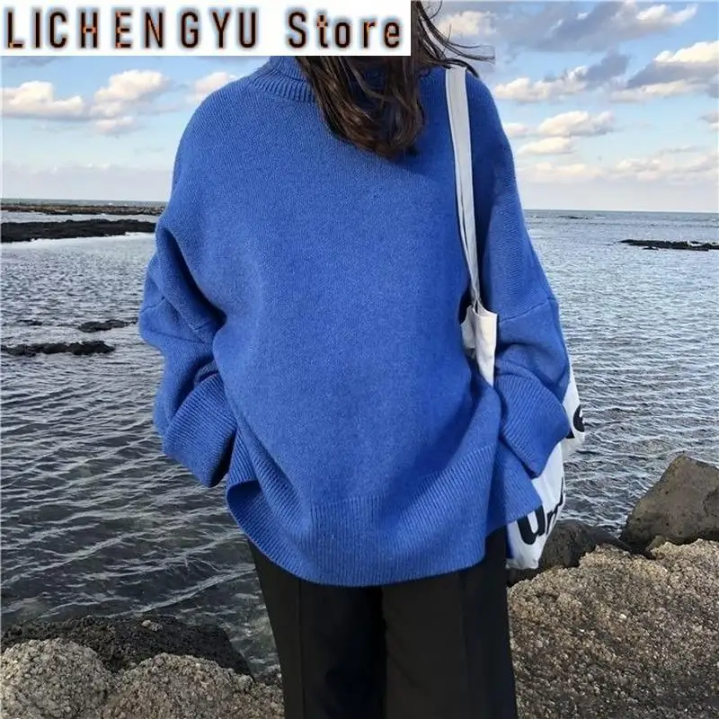 2021 Turtleneck Collar Sweater Women Spring Autumn Solid Knitting Pullovers Oversize Basic Black Blue White Jumper pull femme