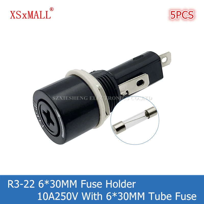 5PCS R3-22 6*30MM Fuse Holder 10A250V Panel Mounting High Temperature Resistance Bakelite Fuse Base With 6*30MM Tube Fuse