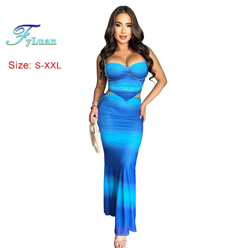 

2025 Summer New Women Skirt Sets Fashion Printing Suspender Short Vestidos And Wrinkled Hem Female Slimming Skirt Two-Piece Set