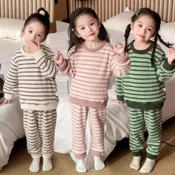 Kids Pajamas Sets Autumn Winter Children's Coral Velvet Sleepwear Stripe Loungewear for Boys Girls Thicken Pijama Teen Clothes