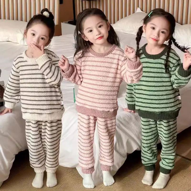 Kids Pajamas Sets Autumn Winter Children's Coral Velvet Sleepwear Stripe Loungewear for Boys Girls Thicken Pijama Teen Clothes