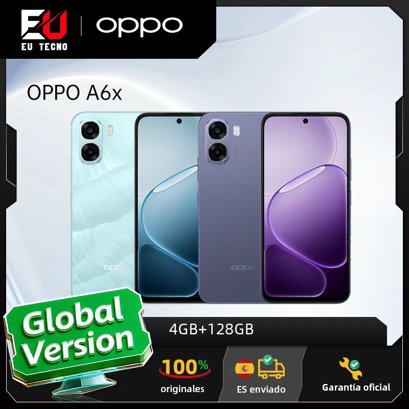 Versión europea del smartphone OPPO A6x 4 GB + 128 GB azul, 6100 mAh, pantalla de 6,75 pulgadas, garantía oficial, ColorOS 15.0, garantía oficial.