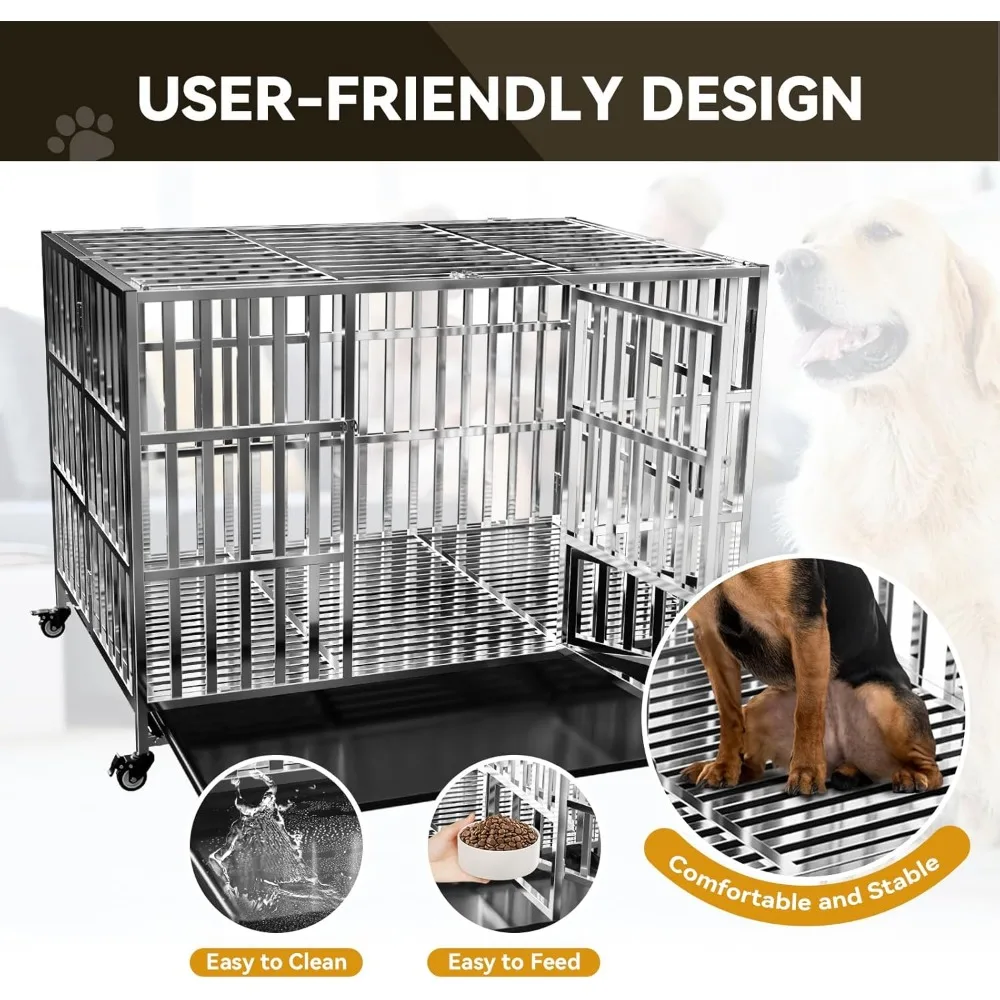 Dog Crate with Removable Tray, Stainless Steel Dog Kennel Cage for Large Dogs, Heavy Duty Dog Carrier with Lockable Wheels