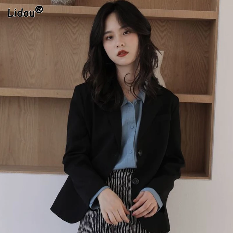 2022 Solid Tops Capable Formal Notched Button Simplicity Coat Business Casual Thin Blazers Korean Women's Clothing Spring Autumn