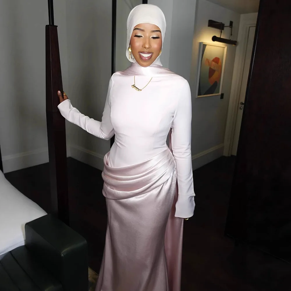 Elegante maxi-jurk met sjaalhals en lange mouwen Moslim dames ruchespaneel slim fit zeemeerminjurk satijnen formele avondfeestjurk - afbeelding 1