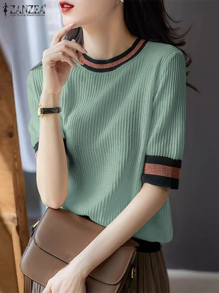 2024 Summer Women Casual Short Sleeve Tops ZANZEA Color Patchwork Stripe Knitted T-shirts Round Neck Leisure Well Fitting Tops