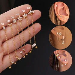 1PC Trendy Stainless Steel Double Pierced Chain Earrings for Women Korean Flower Zircon Piercing Studs Earrings Fashion Jewelry
