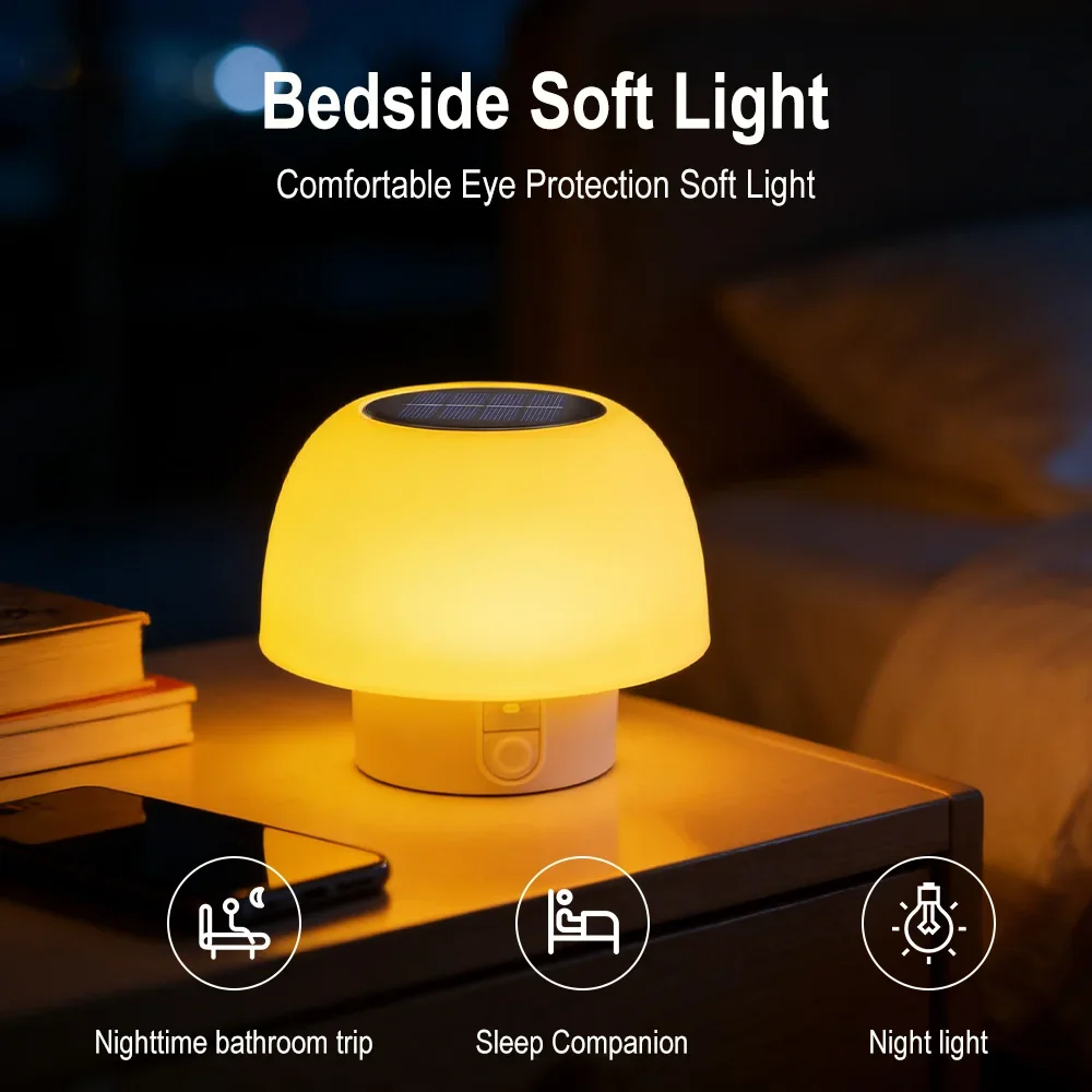 BORUiT Solar Table Lamp LED Portable Camping Waterproof Indoor Mushroom Lamp 6 Modes Patio Garden Bedroom Yard Restaurant Bar