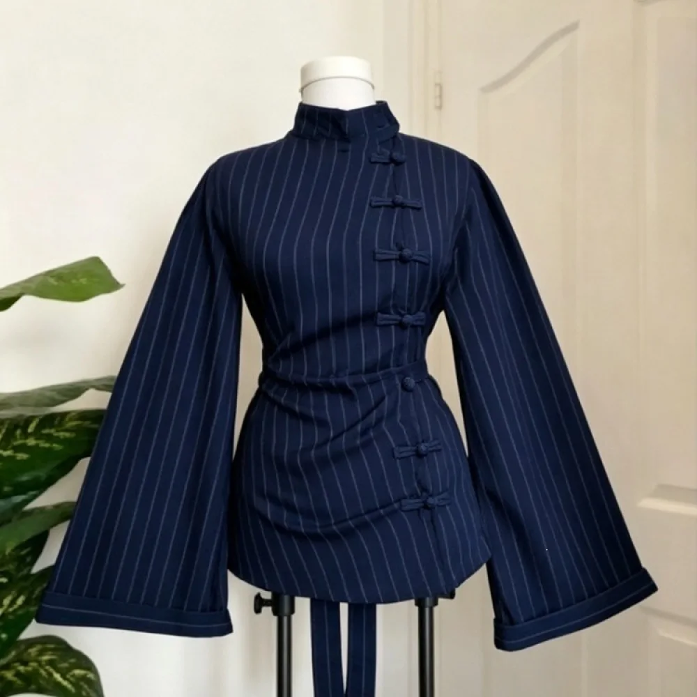 New Chinese Style Blouse Mandarin Collar Frog Buttons Vertical Stripe Flare Long Sleeve Slim Waist Tie Oriental Dark Goth Shirt
