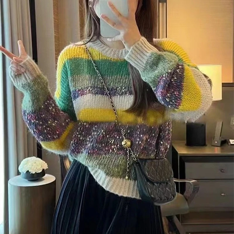 

Rainbow Striped Sweater Women's Pullover 2025 Autumn and Winter New Style Contrasting Soft and Lazy Loose Knit Sweater