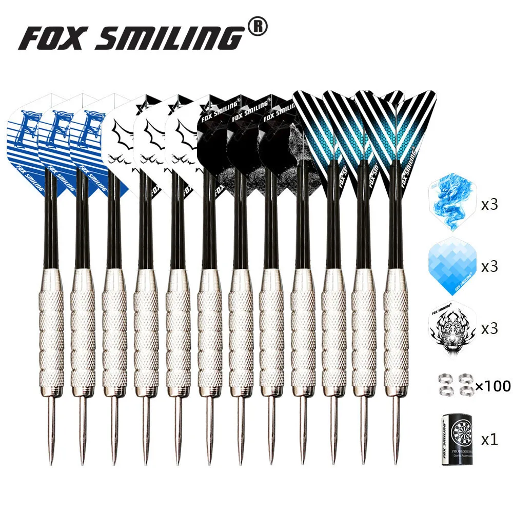 Fox Smiling 12PCS Steel Darts 22g With 9PCS Darts Flights,100PCS O Ring,1PCS Sharpener