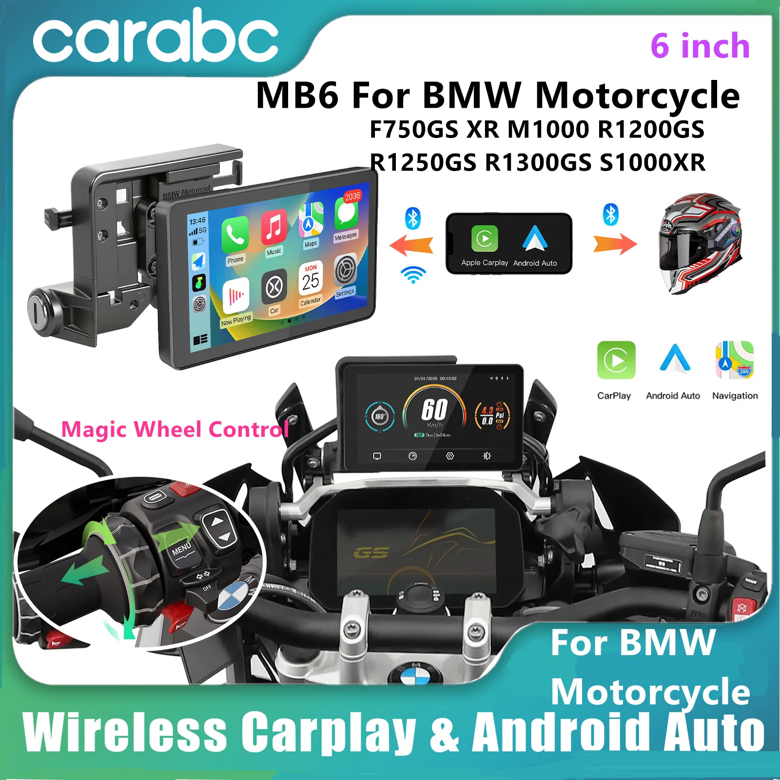 CARABC MB6 Layar GPS Motor 6" Nirkabel Carplay Android Auto Khusus Untuk BMW F750GS XR M1000 R1200GS R1250GS S1000XR R1300GS
