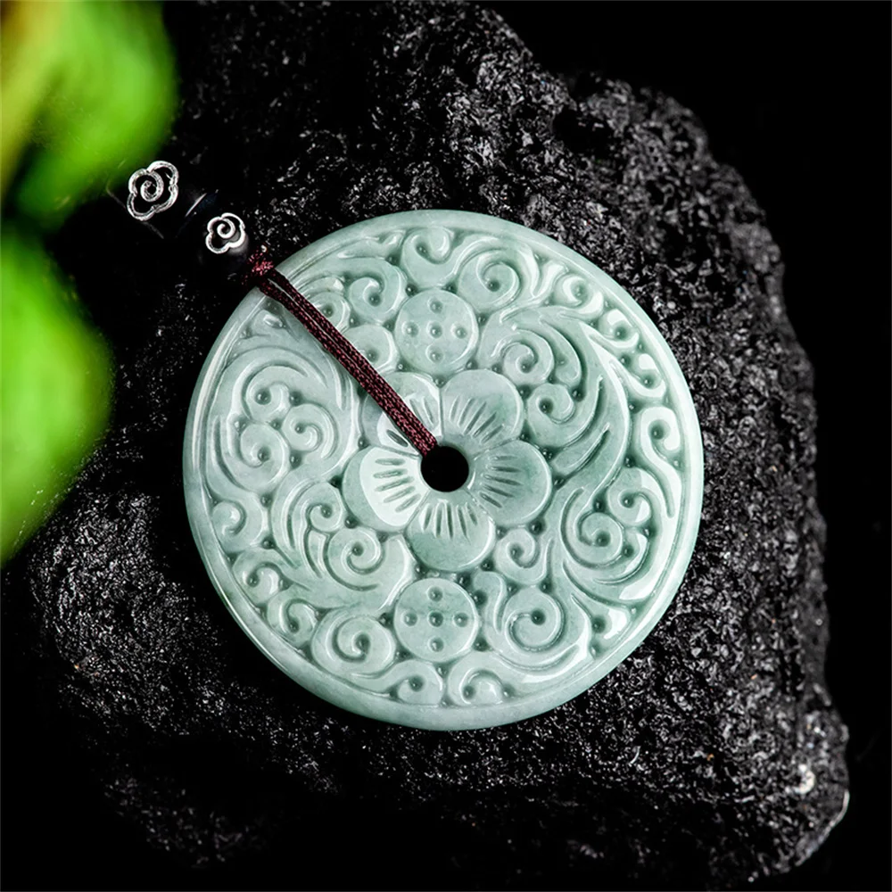 Natural Green Jadeite Carved Flower RuYi Veins Buckle Pendant Amulet Necklace Certificate for Woman Man's Vintage Gift Jewelry