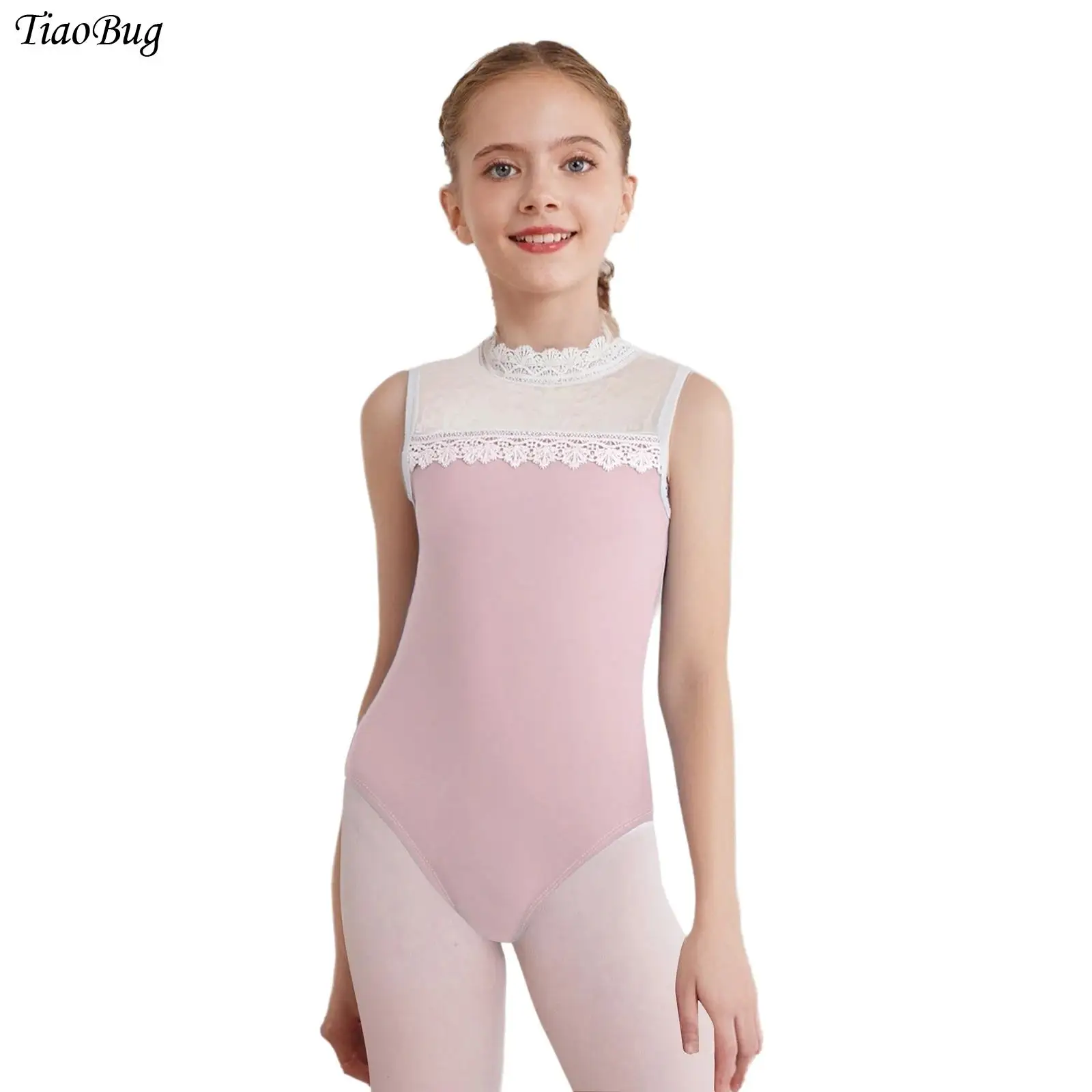 Girls Lace Collar Sleeveless Dance Leotard Sheer Mesh Jacquard Bodysuit Unitard Gymnastics Ballet Jersey Figure Skating Costumes