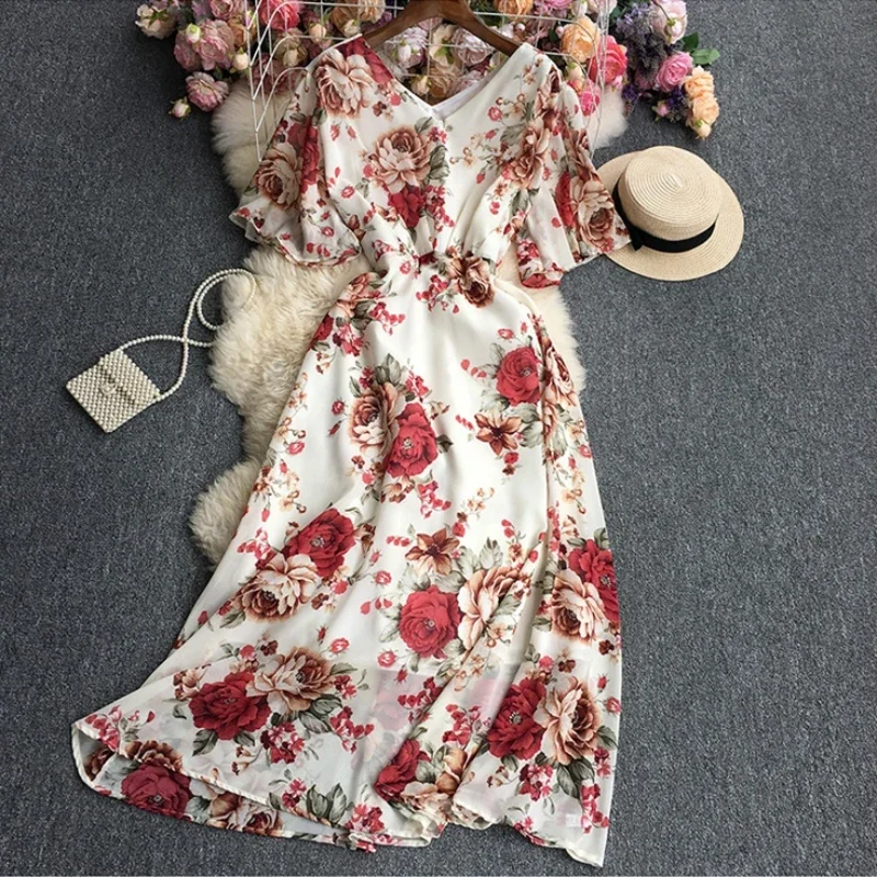 Vestido largo de gasa con estampado Floral para mujer, traje elegante de manga corta con cuello en V, ideal para fiesta y Club, Verano