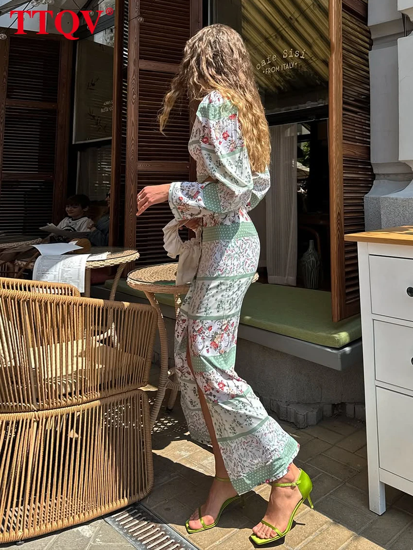 

TTQV Fashion Slim Print 2 Piece Set Woman 2025 Elegant Chic Long Sleeve Crop Top With High Waist Slit Long Skirt Set Female