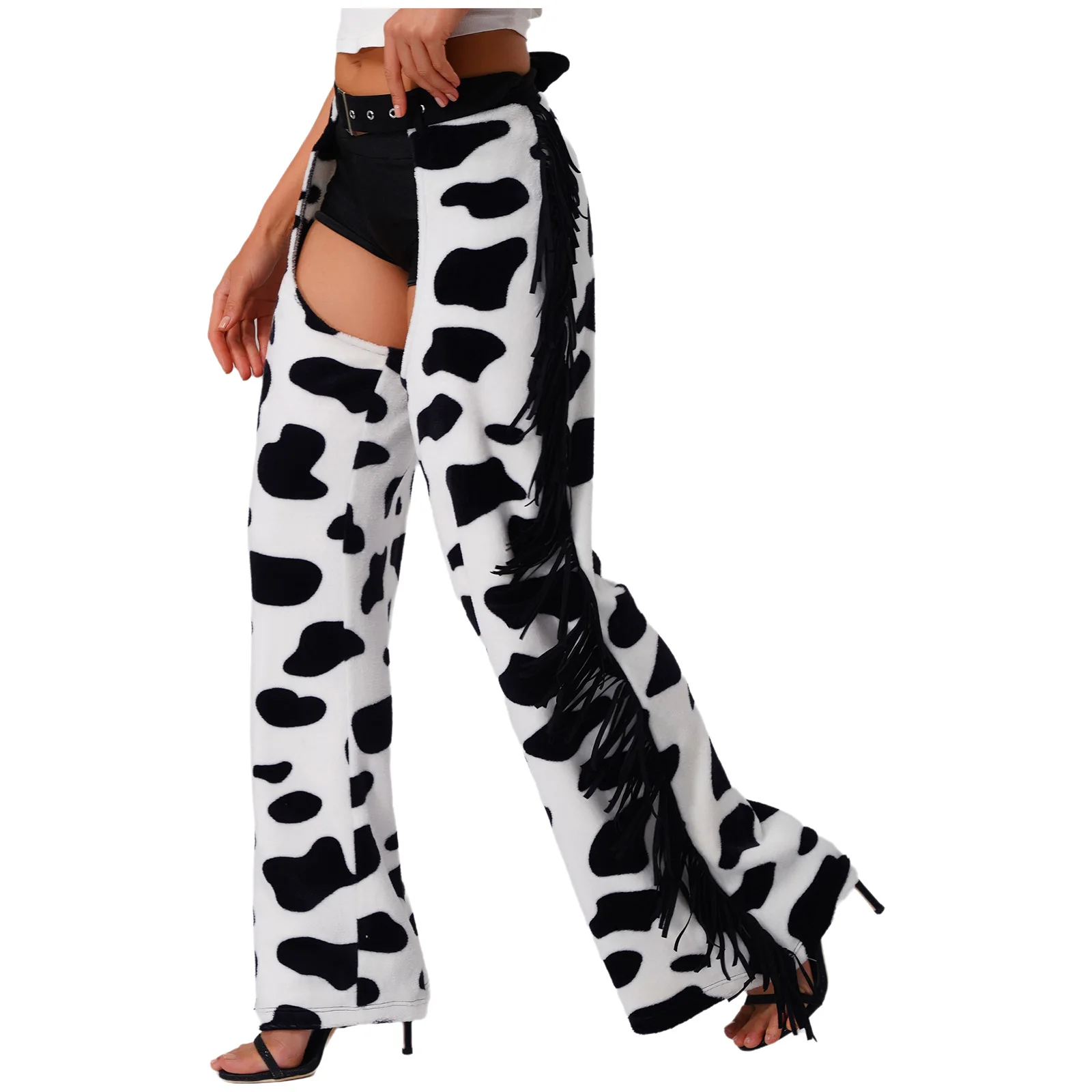 Womens Cowboy Flannel Pants with Side Tassel Adjustable Waist Biking Riding Hollow Out Cowgirl Chaps Halloween Cospaly Costume view 2