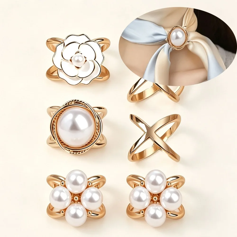 4 Piece Rose Gold Faux Pearl Scarf Clip Set, Metal Square Knot Ring Clasp, Secure Fastening Women Clothing Accessory Gift
