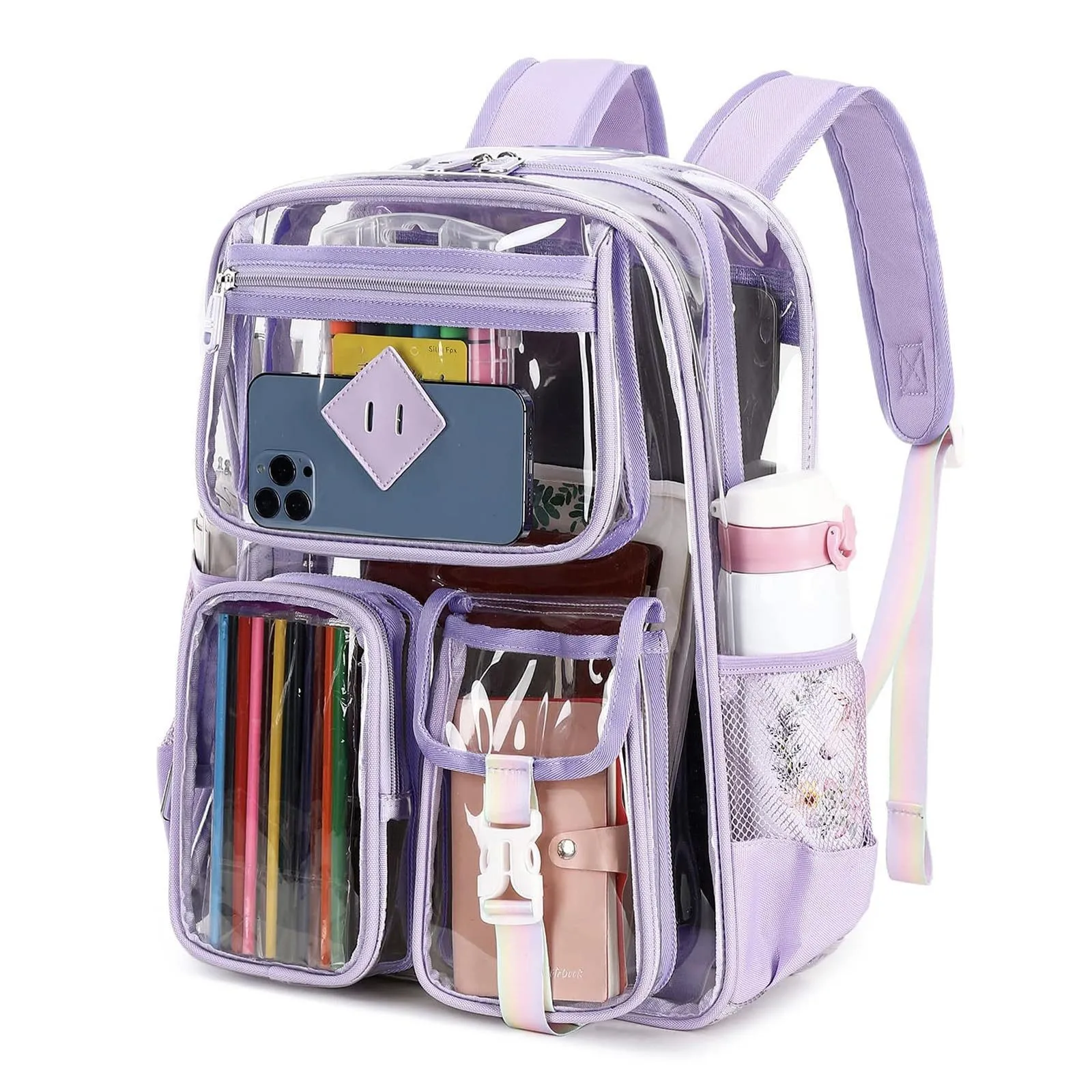 Stadium Approved Clear Backpack with Multi-Pockets Heavy Duty Transparent School Bag for Girls Backpacks with Rainbow Strap