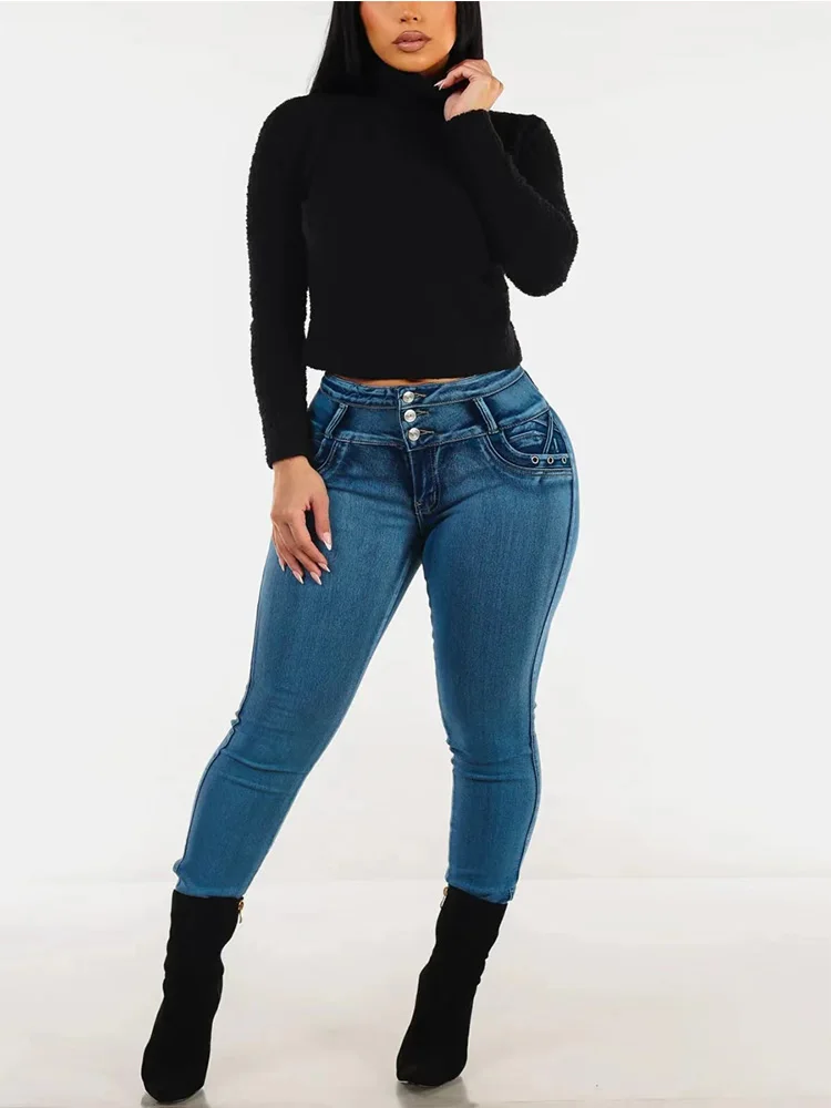 

Промытый средний синий передний ряд, карман на пуговицах, скидка, эластичный, тонкий, плотный, с подтяжкой бедер, маленькие ноги для женщин, модные повседневные джинсы