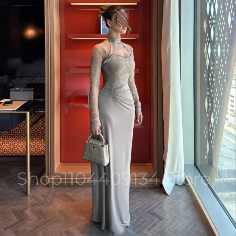 Charming Grey Arab Formal Evening Gown Halter Neck Lace Long Sleeves Dubai Openwork At The Chest Elegant Party Dress Customized