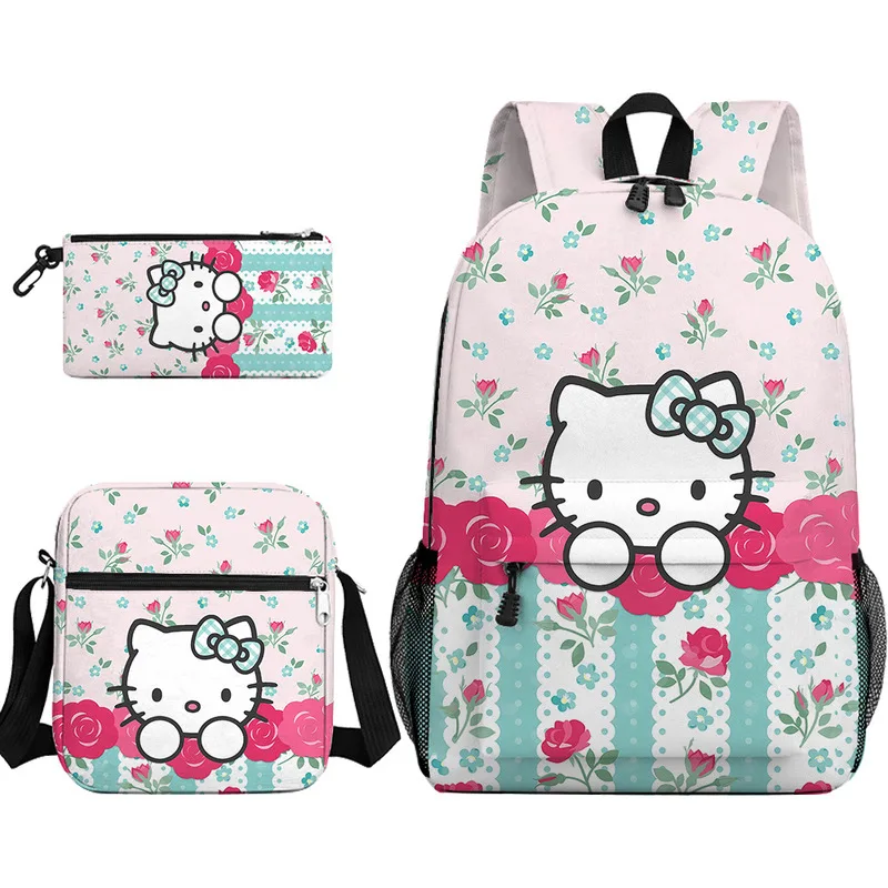 Hellokitty New Three-Piece Suit Cartoon Printed Schoolbag Primary School Junior High School Students Backpack Large-Capacity