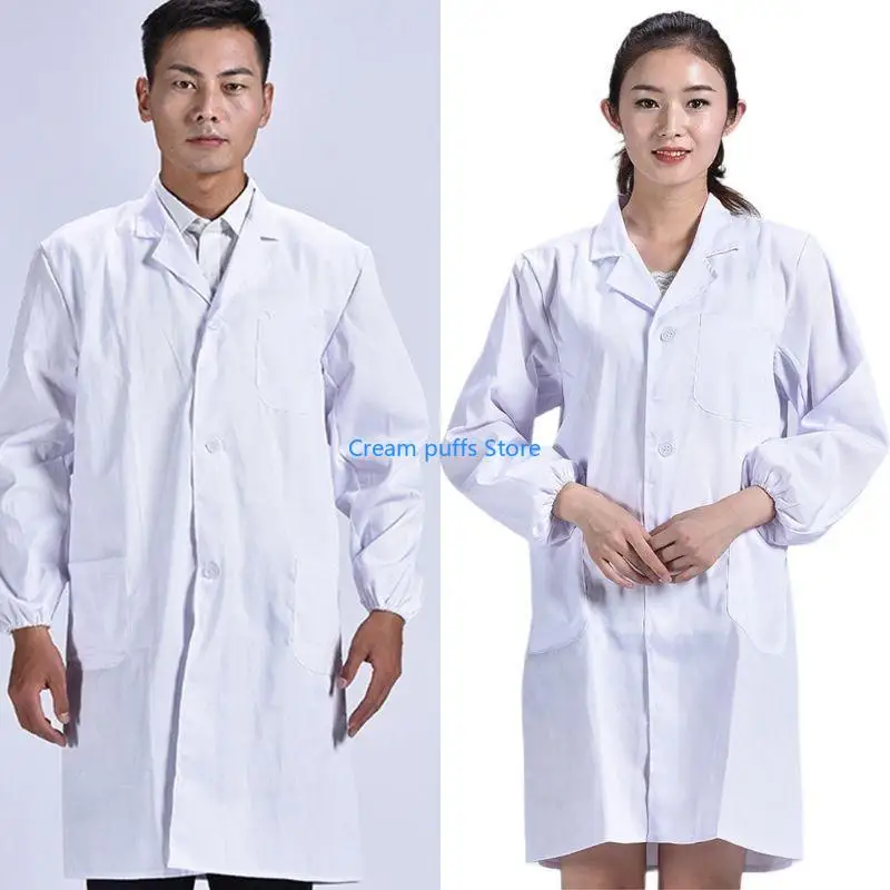 50le Unisex Long Sleeve White Lab Coat Lapel Collar Button Down Doctor Doctor Blouse