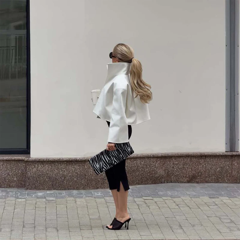 Beige Croc Leather Cropped Jacket Y2k Stand Collar Long Sleeve Wide Cuff Oversize Coat 2026 Autumn Street Daily Casual Outerwear