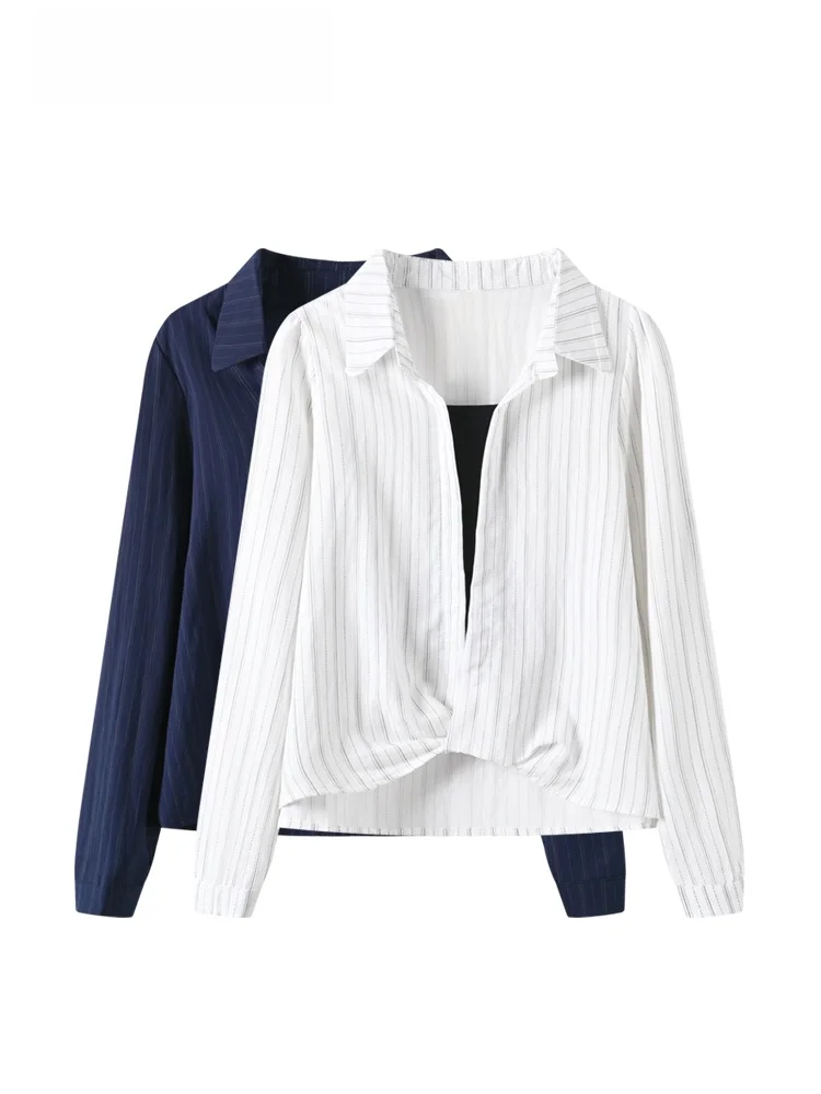 

Loose Striped Long Sve irt Women's plus Size Fake Two-Piece Patchwork Breathable Spring Faion Casual Polyester Fiber