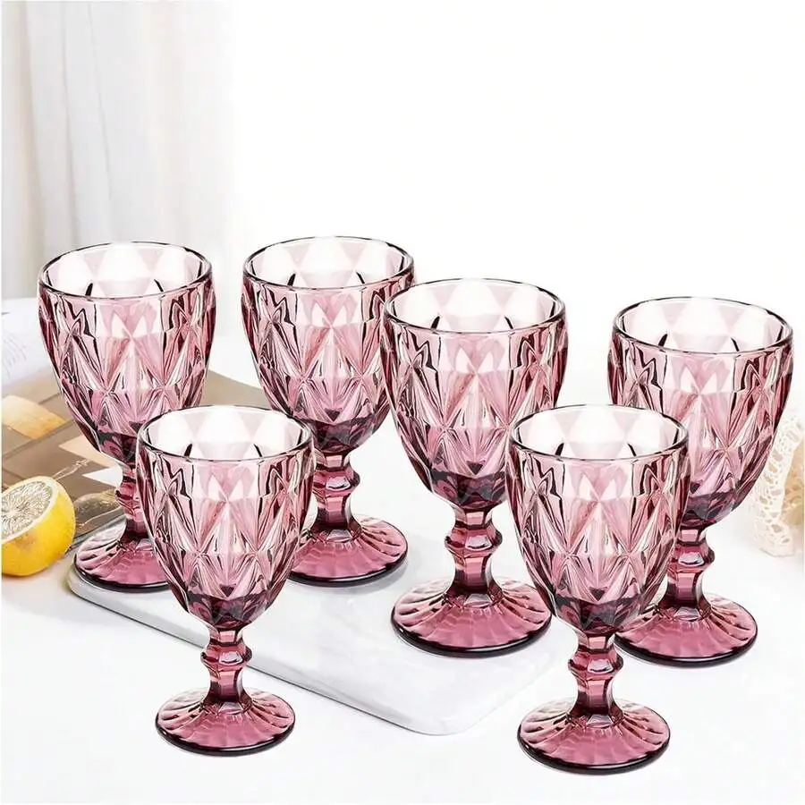 Vintage Wine Glasses Set Of 6, 12 OZ Colored Glass Water Goblets, Embossed Floral Decorative Crystal Glass Cups Set, Dishwasher