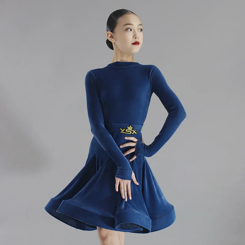 Standard Latin Dance Competition Dress For Girls Long Sleeves Blue Velvet Dress Cha Cha Rumba Ballroom Dance Clothes DNV21328